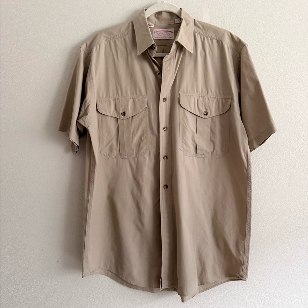Vintage CC Filson Button Down Cotton Short Sleeve camp shirt beige Safari Sz M